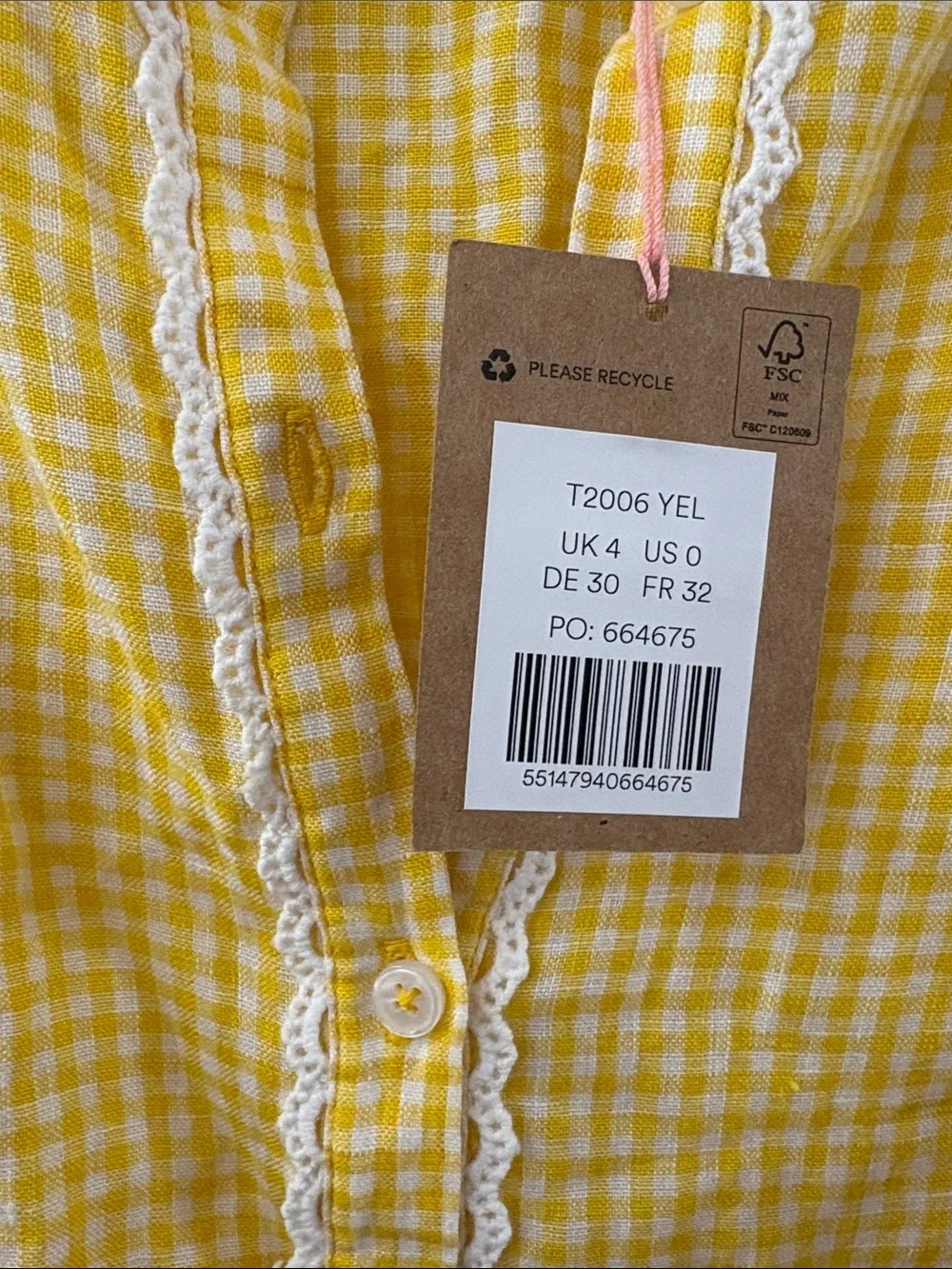 Boden Yellow Gingham Lace-Trim Button Front Top - NWT - size 0